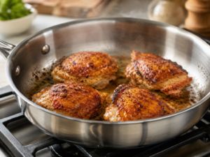 Four seasoned chicken thighs are sizzling in a stainless steel pan on a stovetop, with crispy golden-brown skin and visible spices. The background is softly blurred with kitchen items.