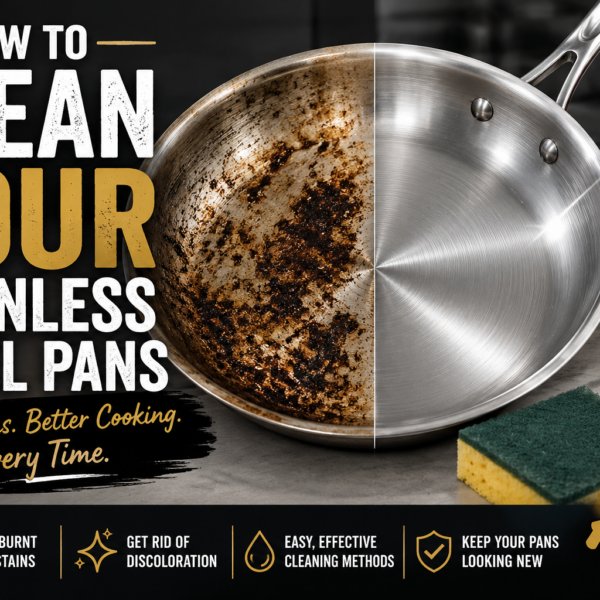 A stainless steel pan is shown half dirty and half clean. Nearby are a can of cleanser, a sponge, and salt. Text gives tips for cleaning pans and promotes ABs Kitchen Essentials for shiny, stain-free cookware.