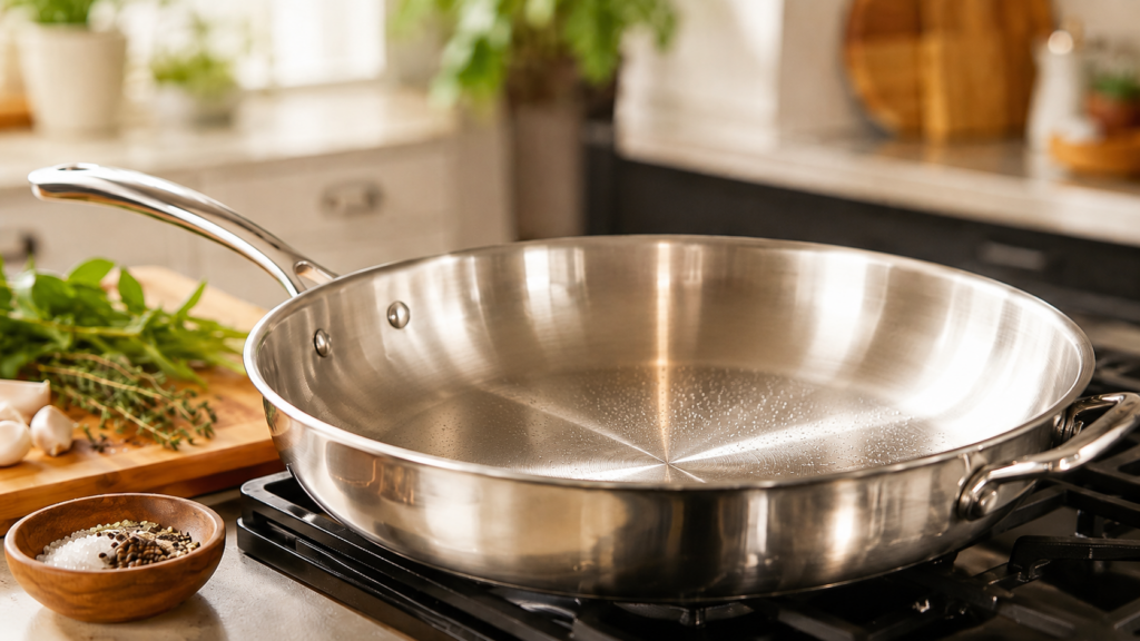A shiny stainless steel skillet sits on a gas stove in a bright kitchen. Fresh herbs and a small bowl of salt and pepper are nearby on a wooden cutting board.