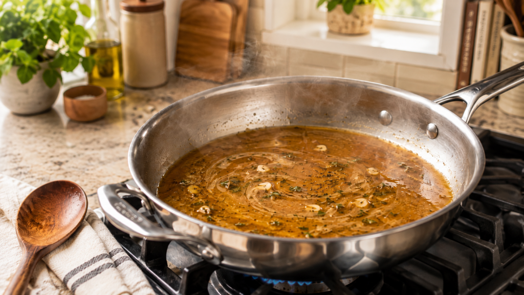 A steaming pan of broth with sliced garlic and herbs simmers on a stove in a cozy kitchen. A wooden spoon rests on a striped towel nearby, and potted plants sit by the window in the background.