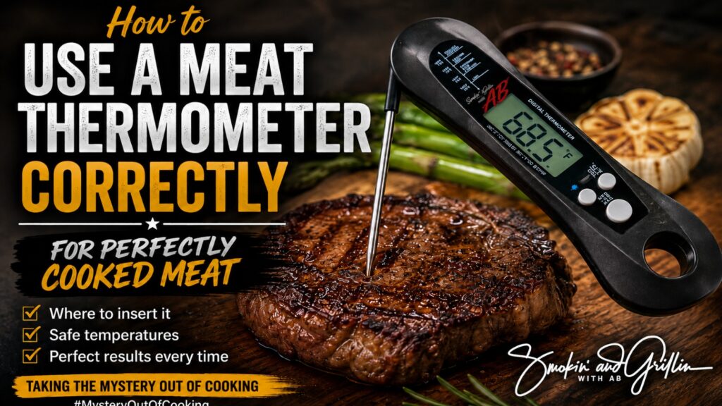 A digital meat thermometer inserted in a grilled steak on a cutting board, surrounded by grilled vegetables. Text explains how to use a meat thermometer correctly to achieve perfectly cooked meat every time.