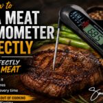 A digital meat thermometer inserted in a grilled steak on a cutting board, surrounded by grilled vegetables. Text explains how to use a meat thermometer correctly to achieve perfectly cooked meat every time.