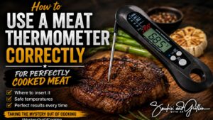 A digital meat thermometer inserted in a grilled steak on a cutting board, surrounded by grilled vegetables. Text explains how to use a meat thermometer correctly to achieve perfectly cooked meat every time.