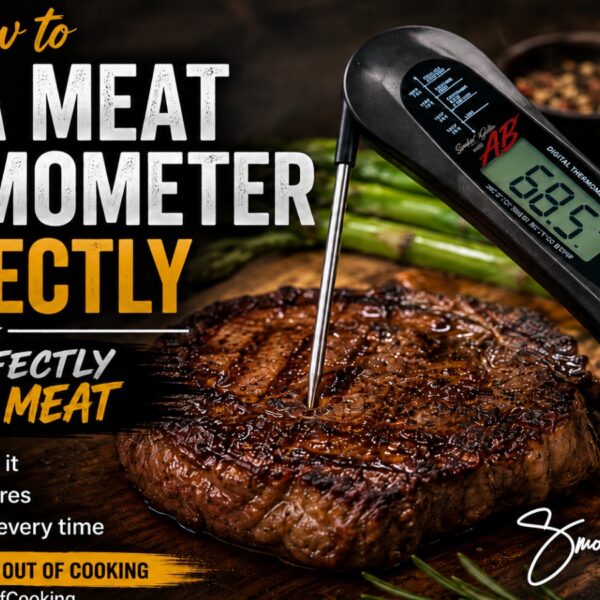 A digital meat thermometer inserted in a grilled steak on a cutting board, surrounded by grilled vegetables. Text explains how to use a meat thermometer correctly to achieve perfectly cooked meat every time.