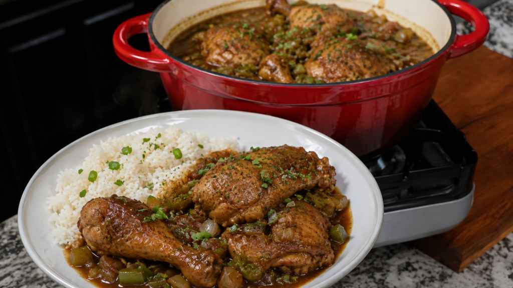 A plate of rice with stewed chicken, onions, and bell peppers is in front of a red pot filled with more chicken stew on a stovetop.