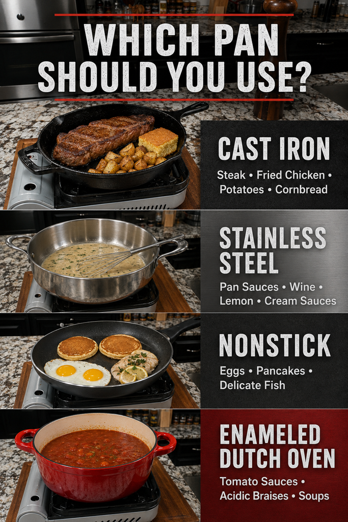 Four types of pans with food: cast iron (steak), stainless steel (pan sauce), nonstick (eggs), and enameled Dutch oven (tomato soup), each with recommended uses listed alongside the images.
