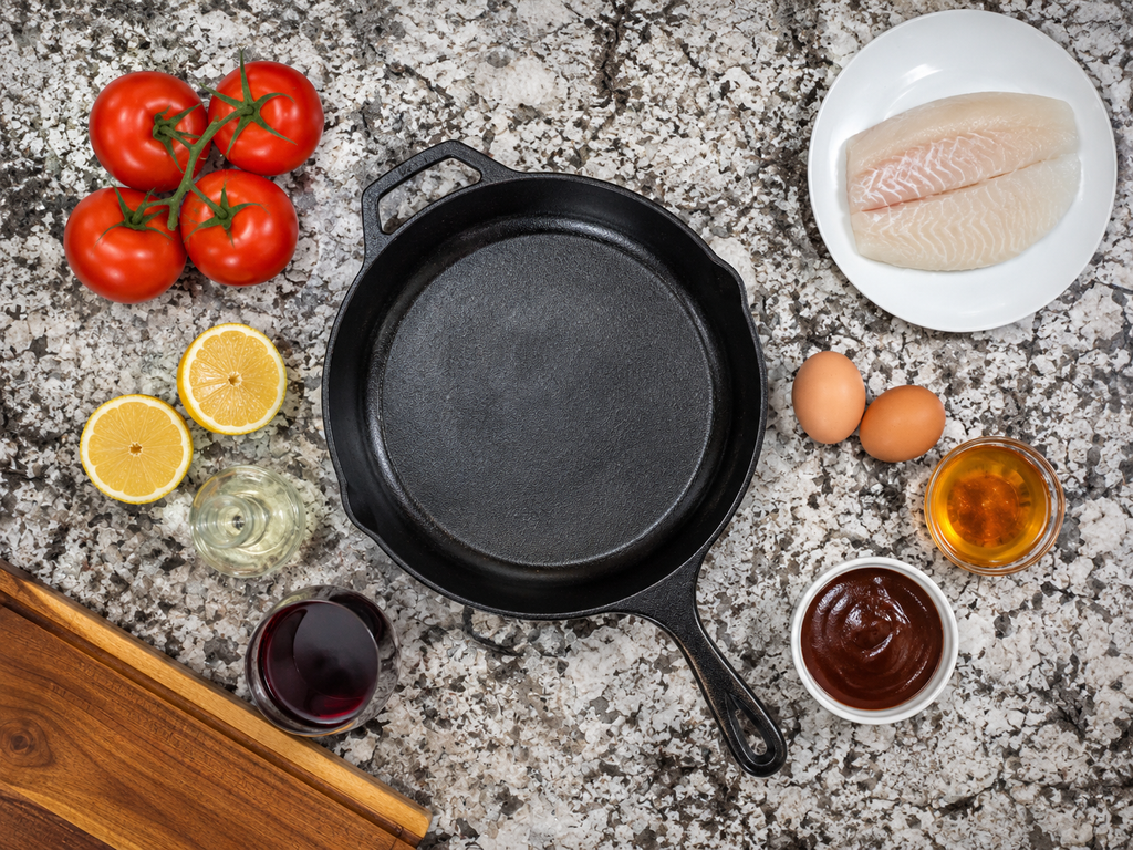 A cast iron skillet on a granite countertop surrounded by tomatoes, lemon halves, wine, eggs, honey, barbecue sauce, raw fish fillets on a plate, and a wooden cutting board.