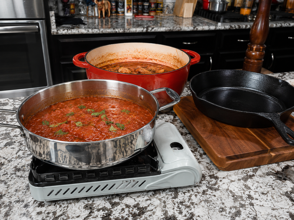 A saucepan of tomato sauce with herbs simmers on a portable burner next to a cast iron skillet on a wooden board and a red Dutch oven in a kitchen.