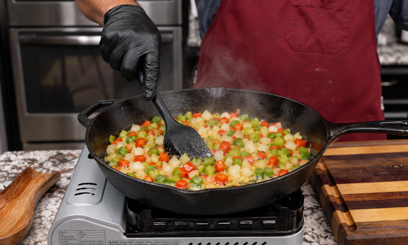 Saut&eacute;ing onion, celery, and bell pepper for Cajun chicken cobbler