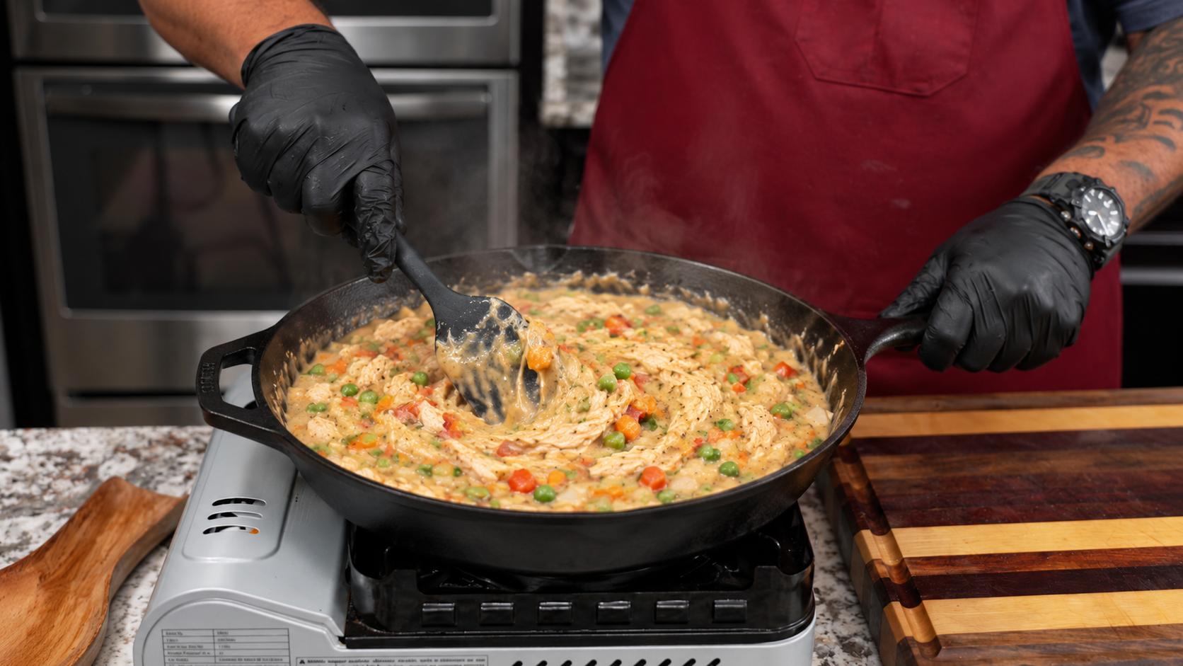 Stirring shredded chicken and vegetables into Cajun gravy