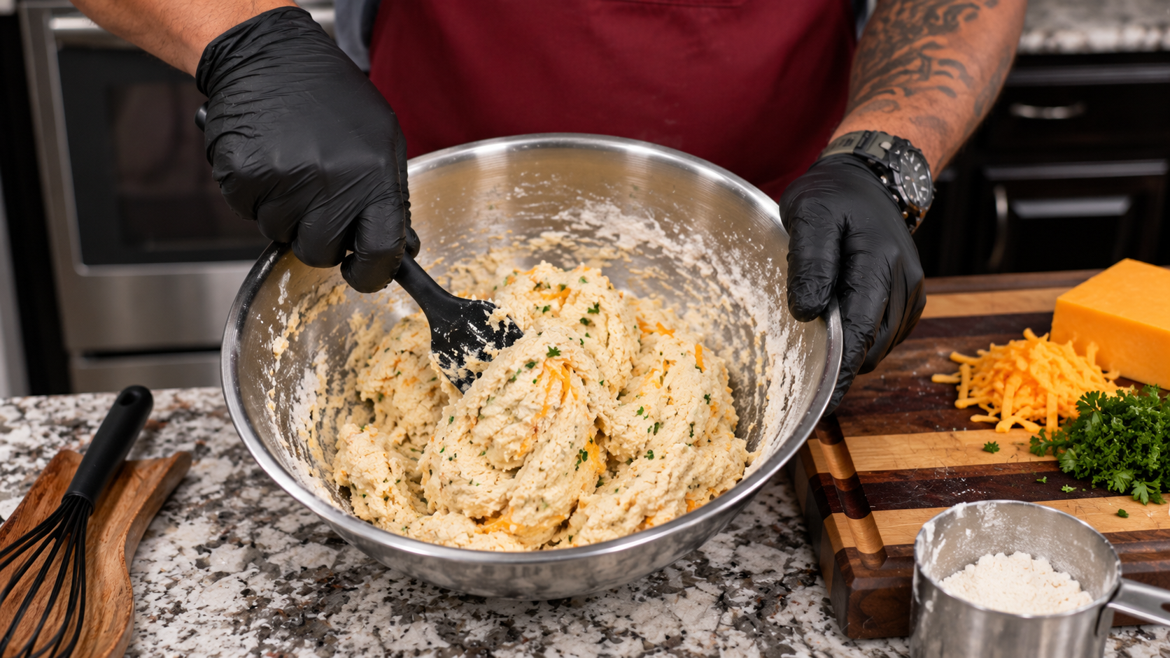 Mixing cheddar garlic biscuit dough for chicken cobbler
