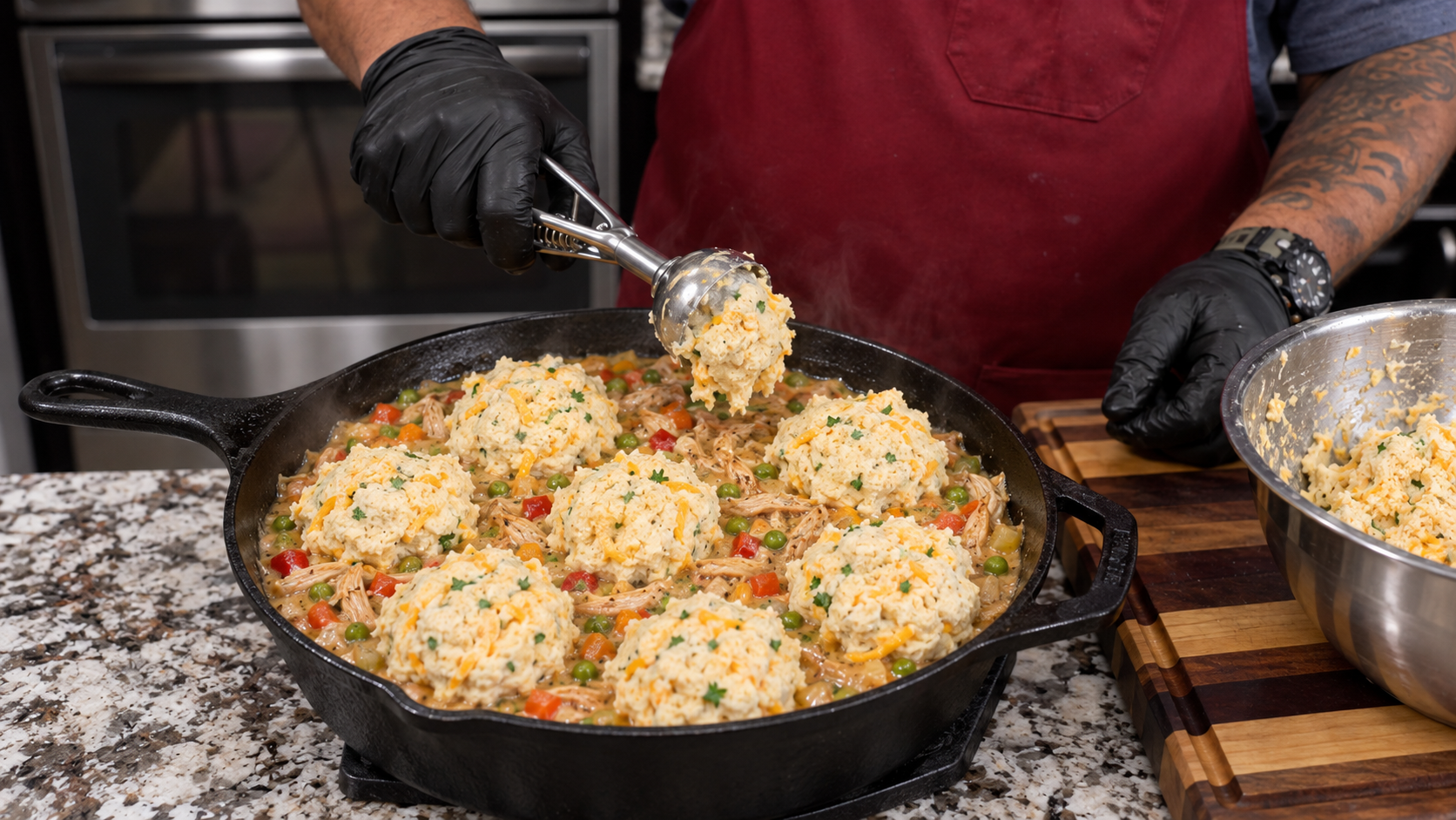 Scooping cheddar garlic biscuit dough over Cajun chicken filling