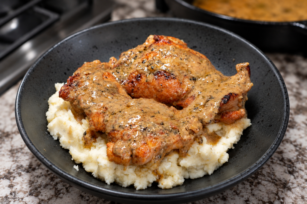 A black bowl filled with mashed potatoes topped with two pieces of Chicken Au Poivre, the roasted chicken covered in creamy, peppered gravy, sits on a granite countertop.