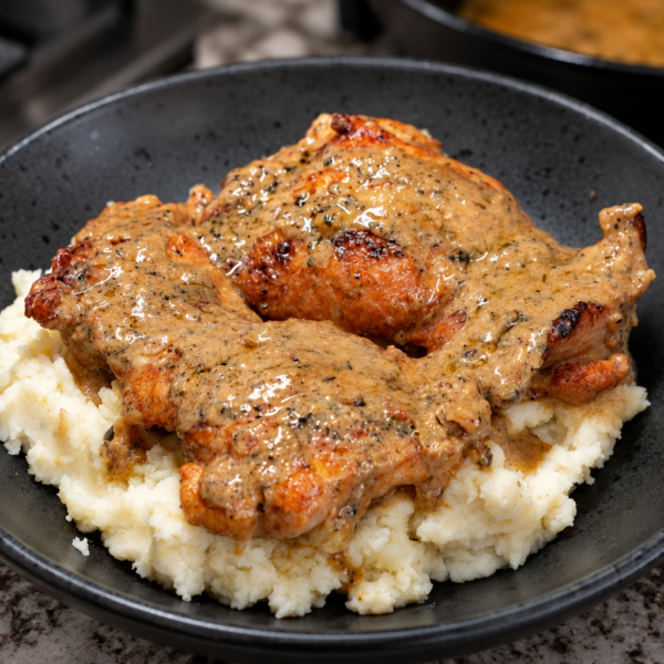 A black bowl filled with mashed potatoes topped with two pieces of Chicken Au Poivre, the roasted chicken covered in creamy, peppered gravy, sits on a granite countertop.