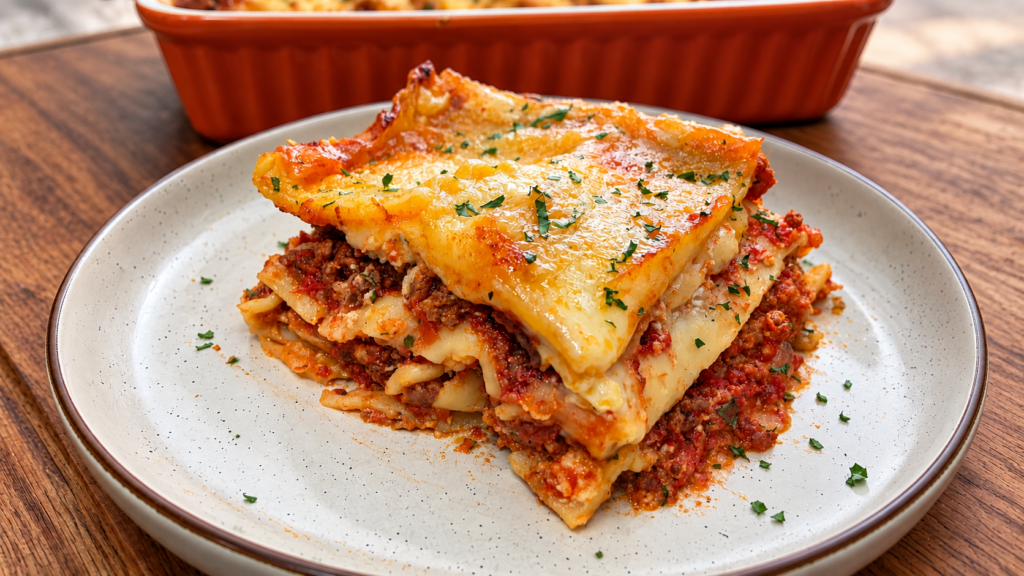 A slice of cheesy, baked Southern-style meat lovers lasagna with savory meat sauce is served on a white plate, garnished with chopped herbs. A casserole dish with more lasagna is in the background.
