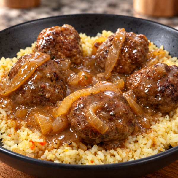 A black bowl filled with yellow rice topped with five meatballs in brown onion gravy, placed on a wooden surface.
