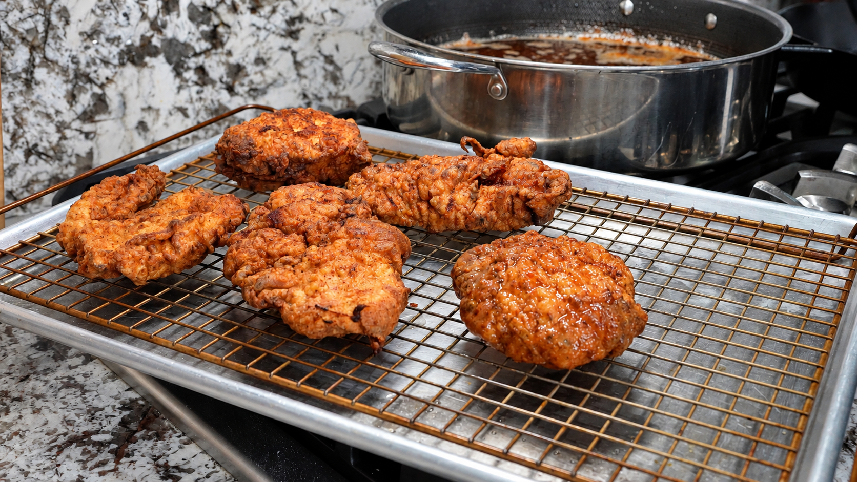 Golden fried chicken draining on a wire rack over a baking sheet
