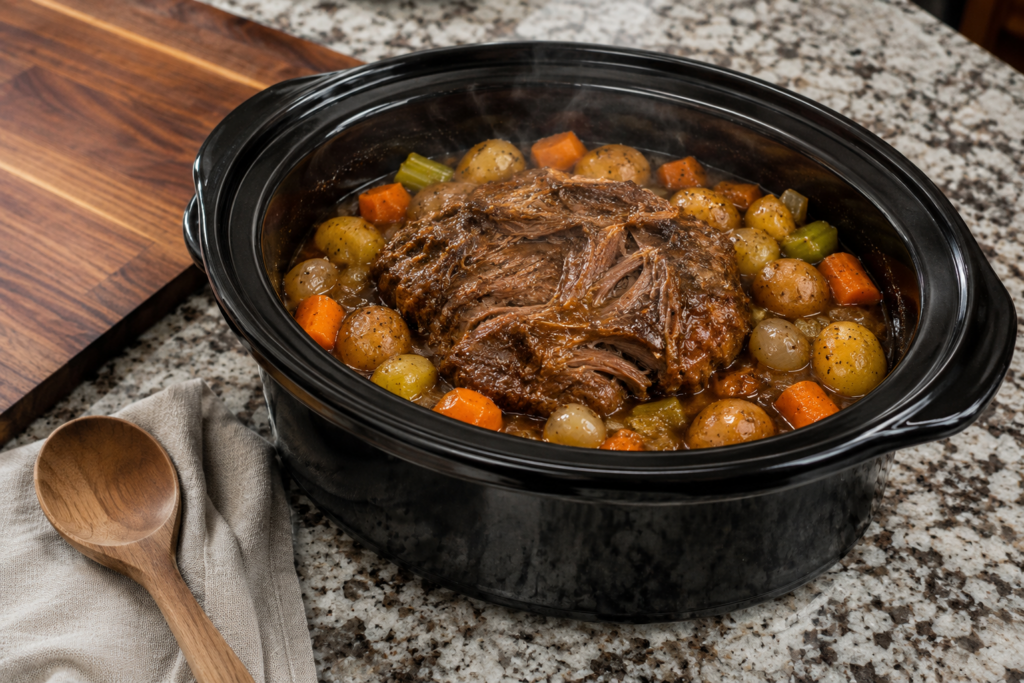 Finished Crockpot pot roast with potatoes, carrots, onions and gravy