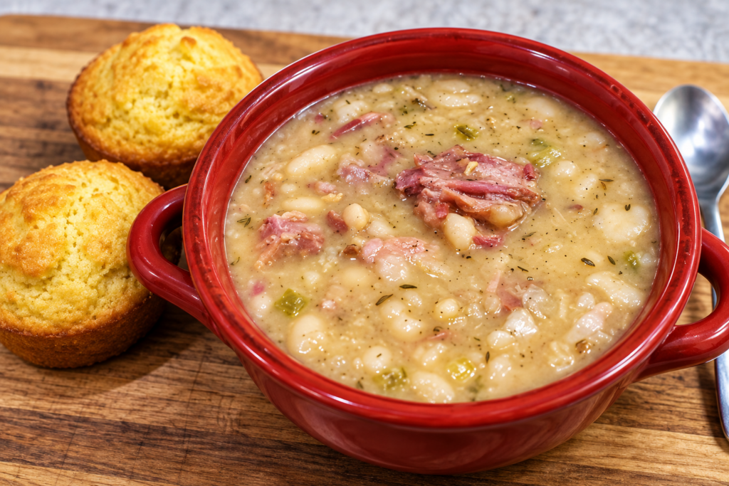 Creamy navy bean soup with shredded ham in a red bowl, served with golden cornbread muffins.