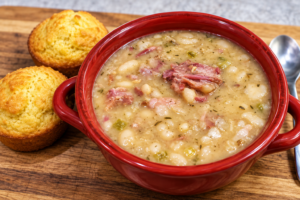 Creamy navy bean soup with shredded ham in a red bowl, served with golden cornbread muffins.