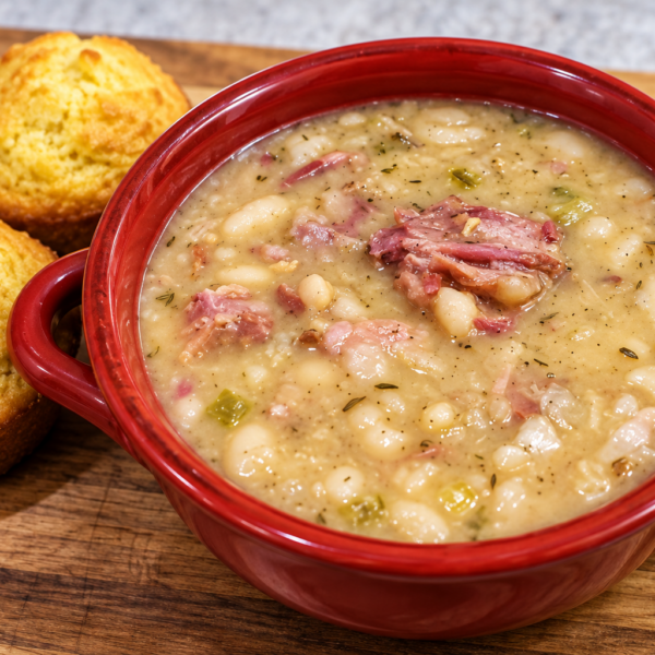 Creamy navy bean soup with shredded ham in a red bowl, served with golden cornbread muffins.