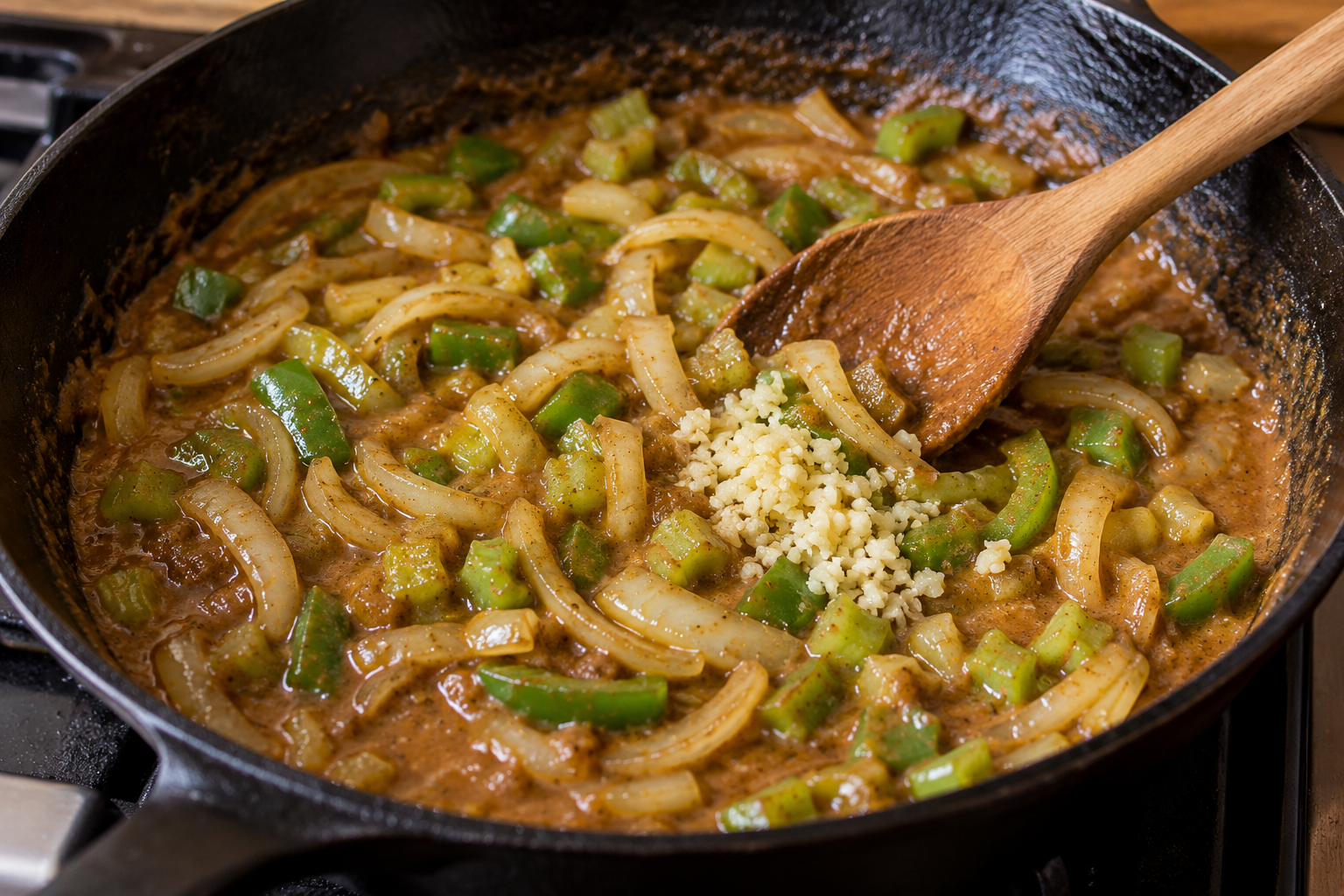 Onion bell pepper celery and garlic cooking in a caramel-brown roux