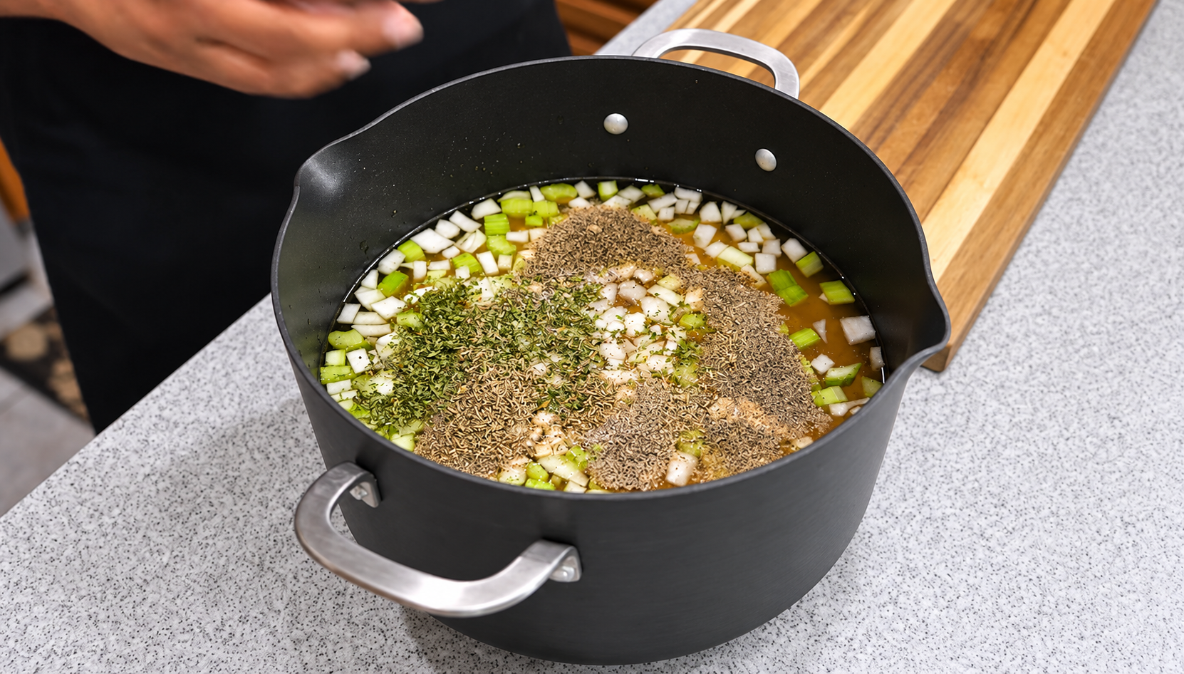 Dried parsley, thyme, and black pepper added to the bean soup base.
