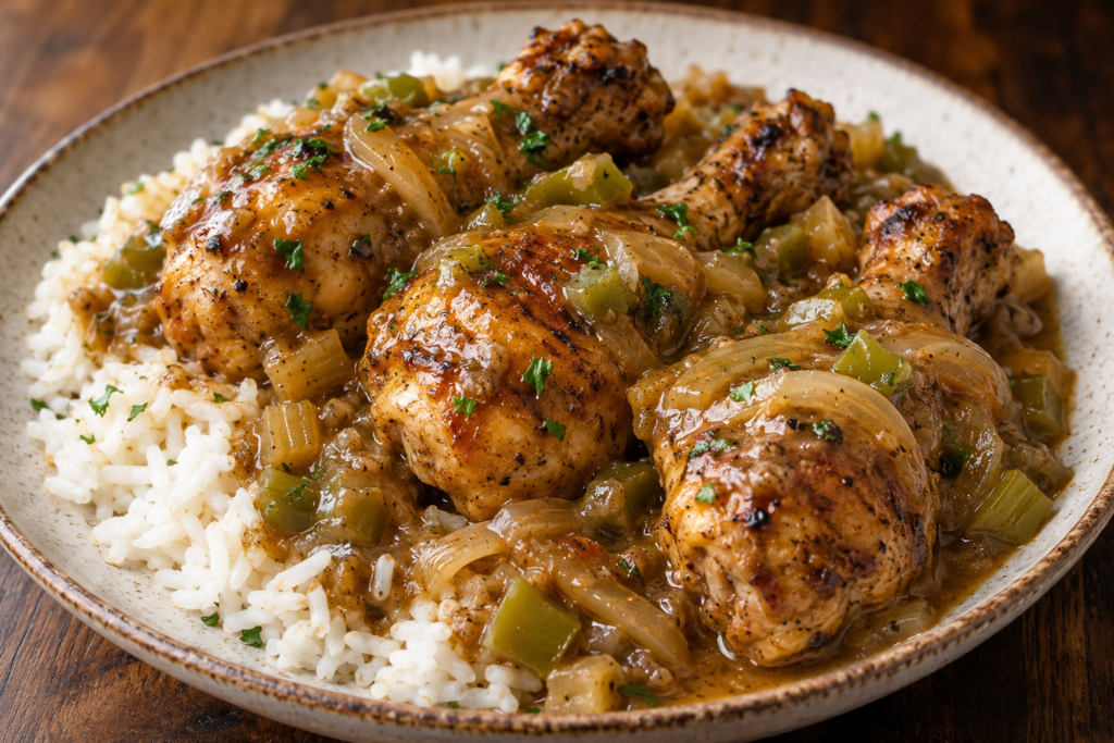 Smothered Cajun chicken drumsticks covered in onion gravy and served over white rice