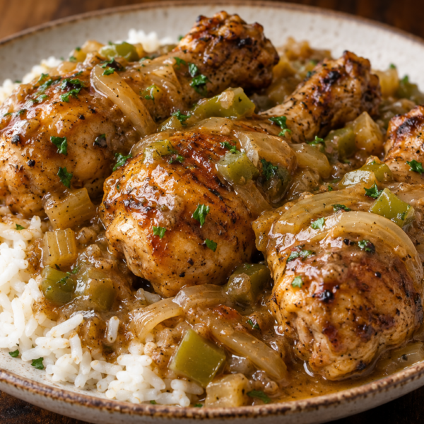 Smothered Cajun chicken drumsticks covered in onion gravy and served over white rice
