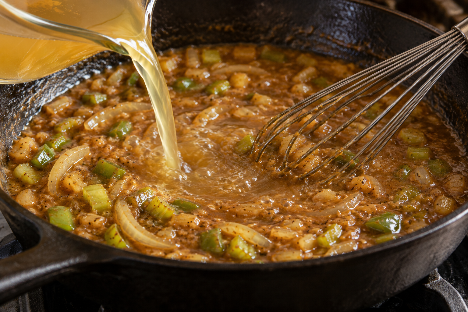 Chicken broth being whisked into Cajun roux and vegetables