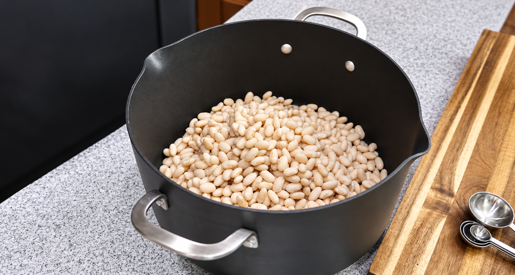 Drained and rinsed white beans in a large soup pot.