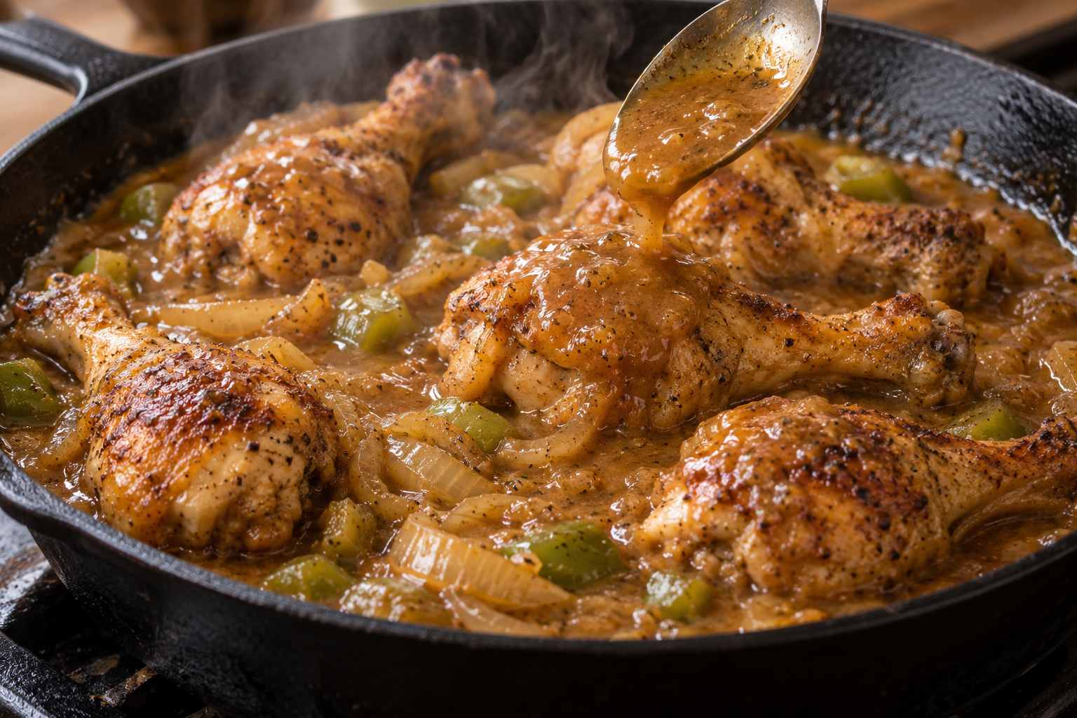 Browned chicken drumsticks simmering in Cajun onion gravy