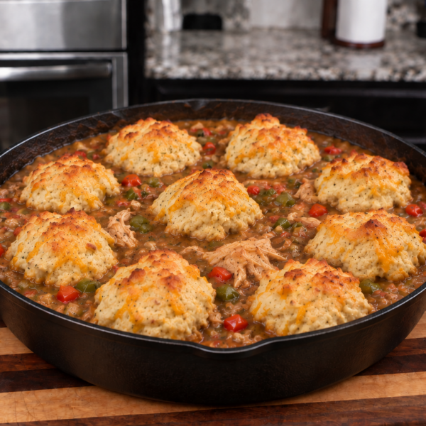 Cajun chicken cobbler with golden cheddar garlic biscuits in a cast-iron skillet