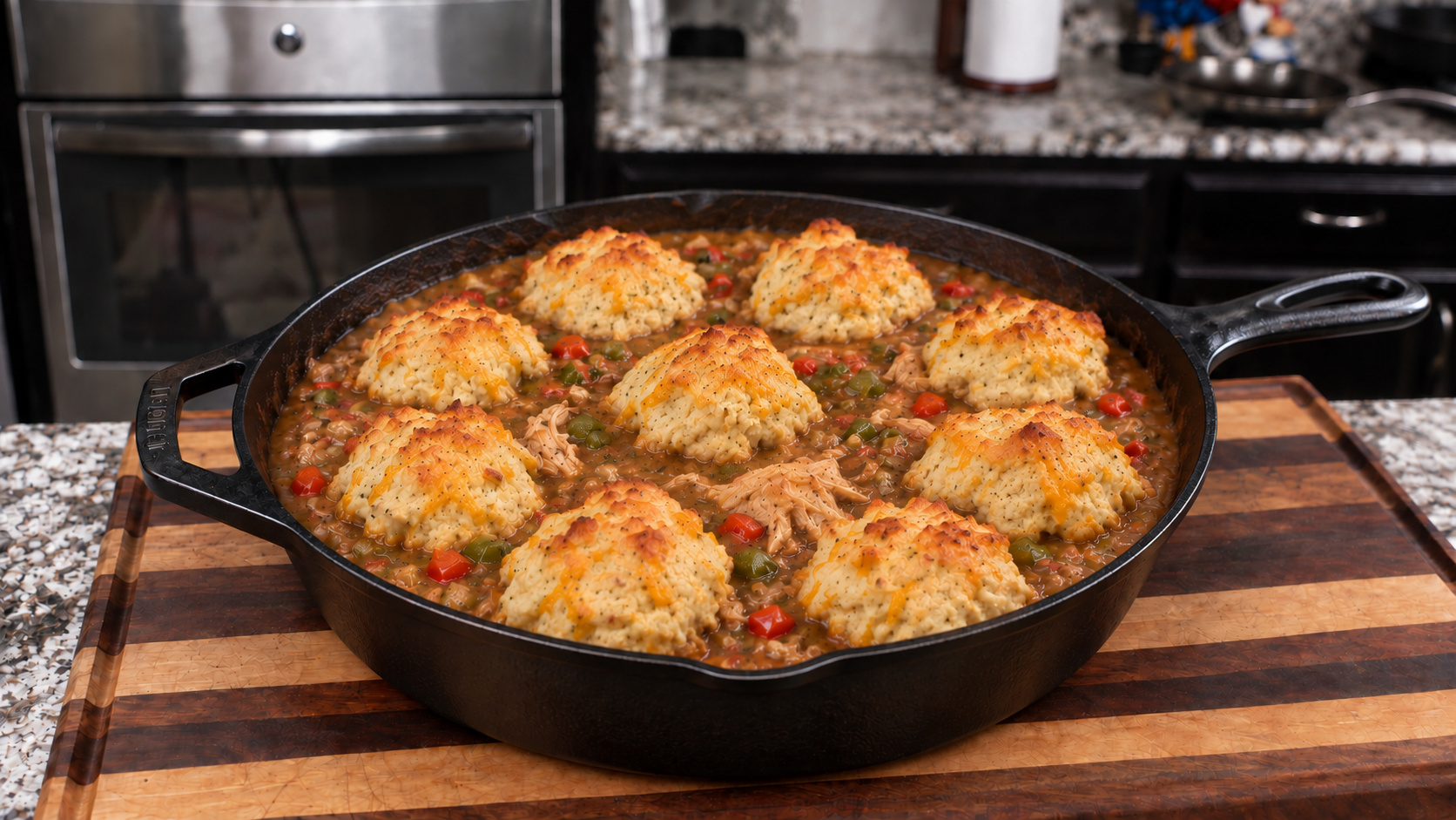 Cajun chicken cobbler with golden cheddar garlic biscuits in a cast-iron skillet