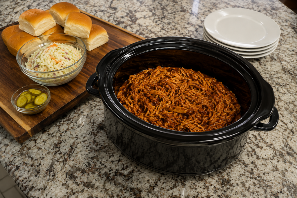 Finished slow cooker BBQ chicken with slider buns, coleslaw and pickles