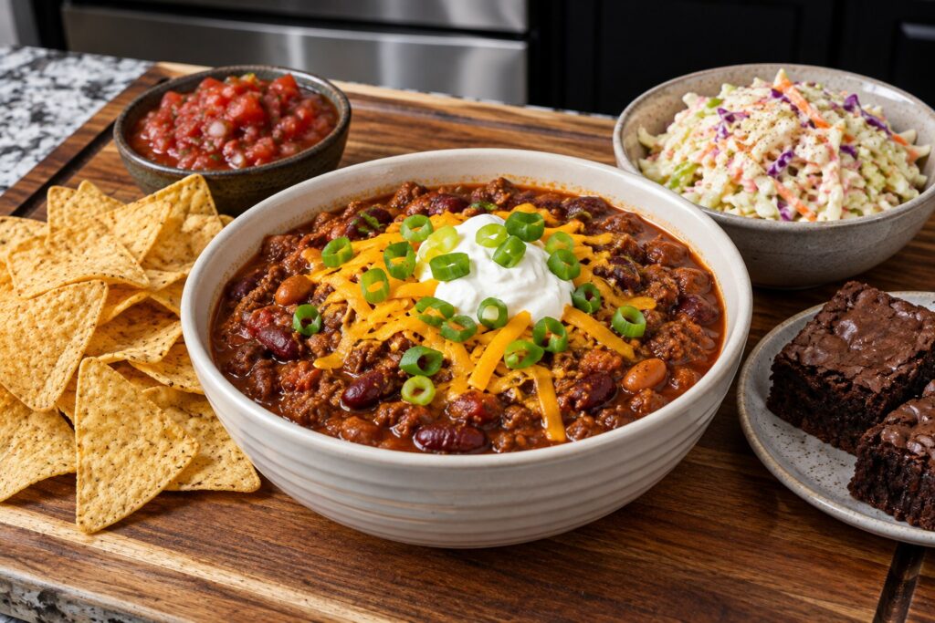 A bowl of chili topped with sour cream, cheddar cheese, and green onions, surrounded by tortilla chips, salsa, coleslaw, and brownies on a wooden board.
