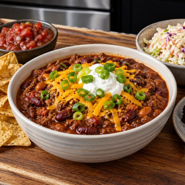 A bowl of chili topped with sour cream, cheddar cheese, and green onions, surrounded by tortilla chips, salsa, coleslaw, and brownies on a wooden board.