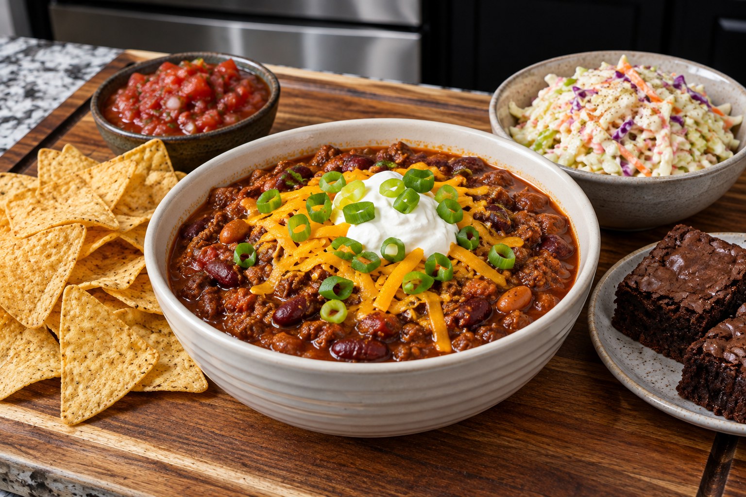 Chili topped with cheese, sour cream, and green onions.