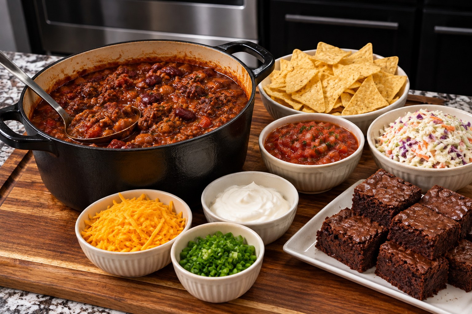 Game day spread of chili, chips, salsa, coleslaw, brownies, and toppings in AB’s kitchen.