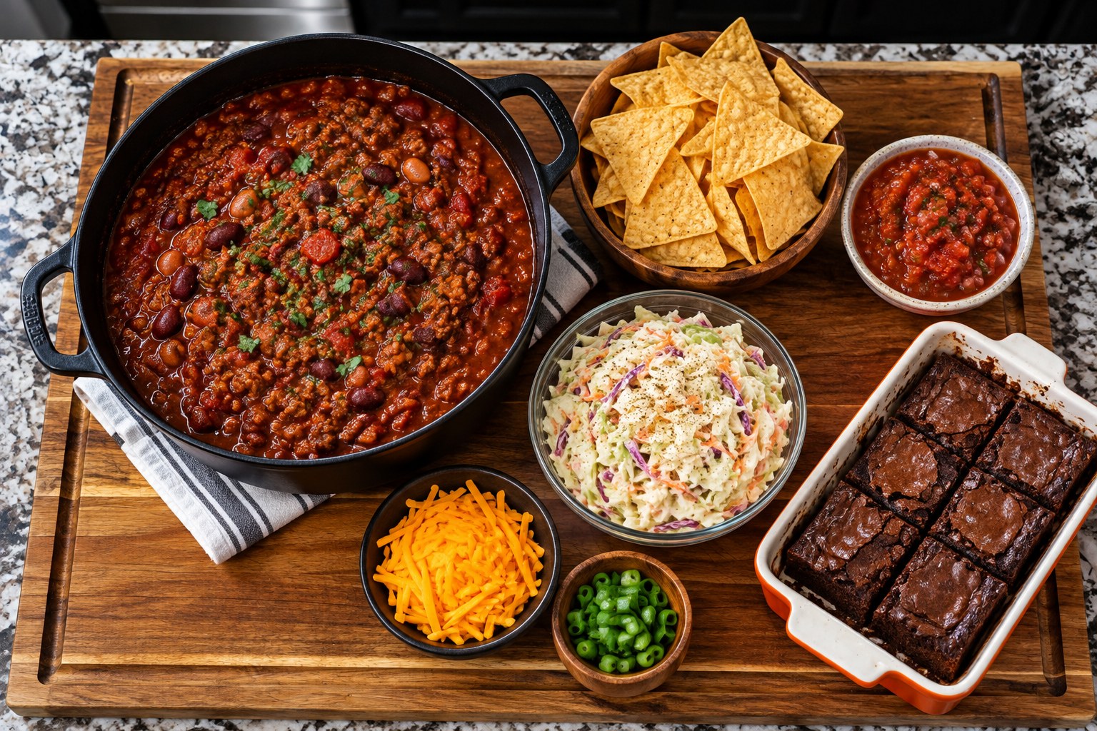 Overhead game day spread with chili, chips and salsa, coleslaw, and brownies.