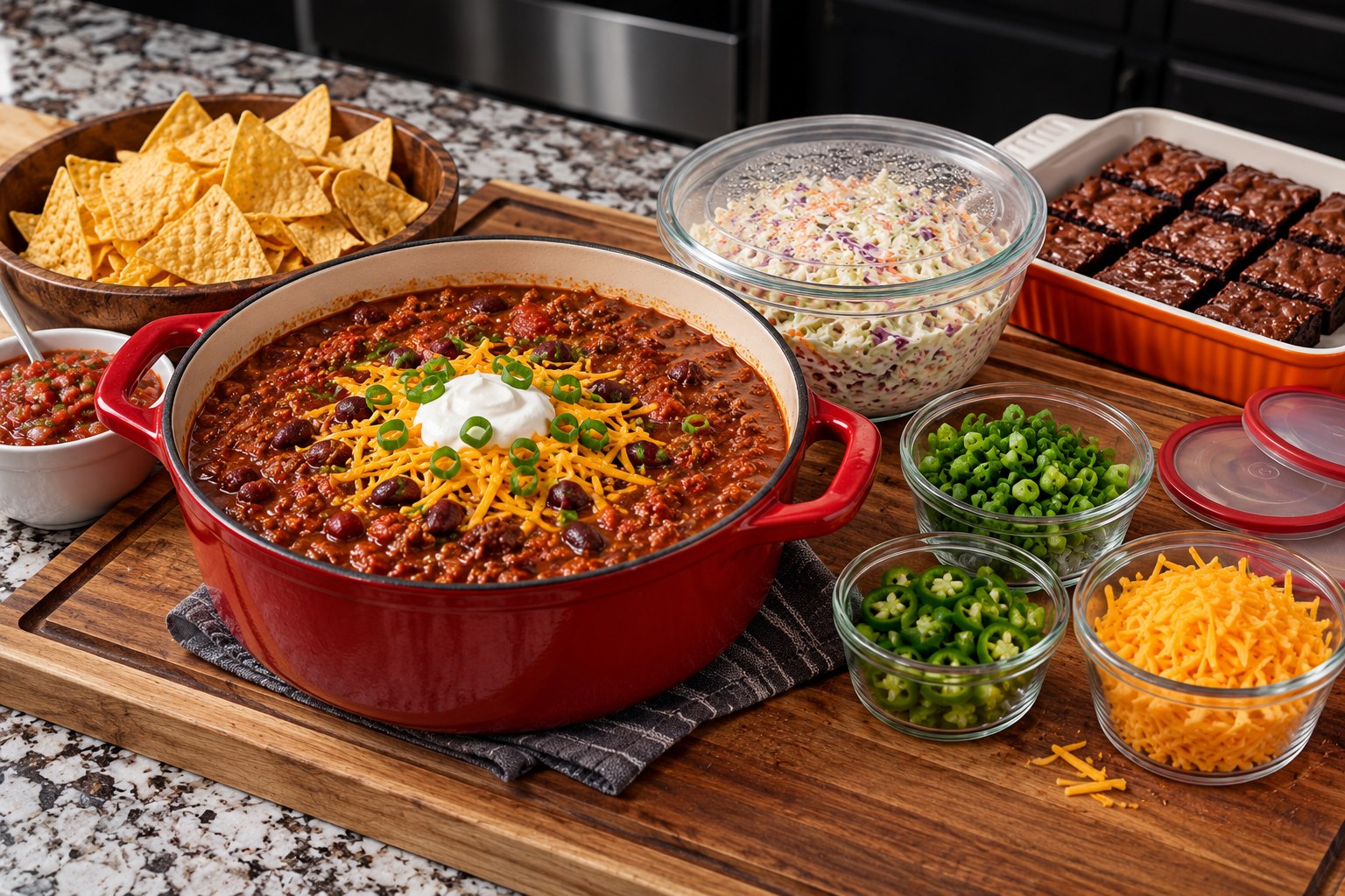 Prepared toppings, chili, coleslaw, and brownies in the kitchen.