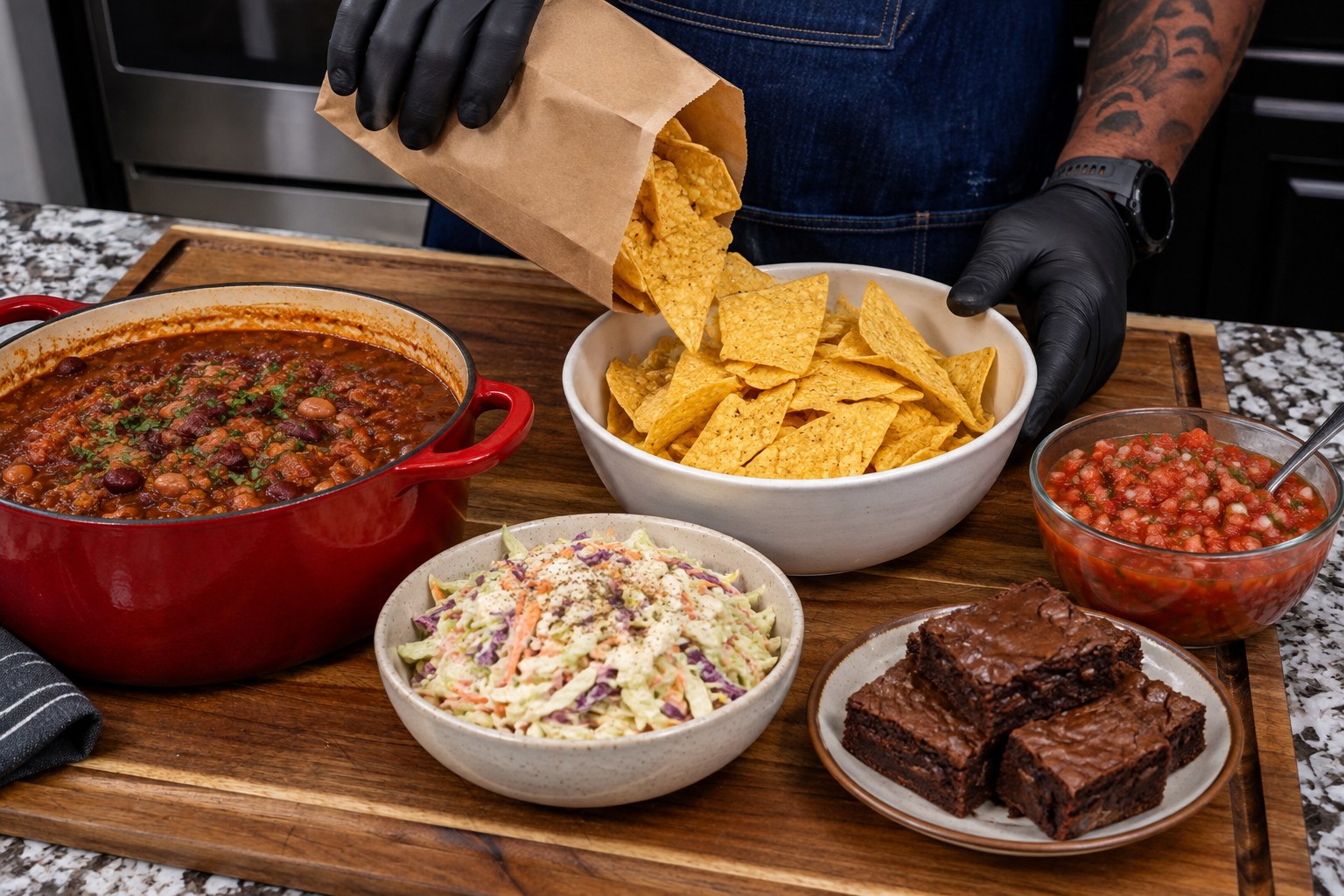 Black-gloved hands pouring tortilla chips into a serving bowl.