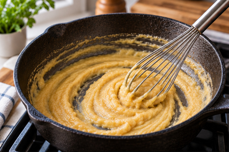 Whisking butter and flour into a golden roux in a cast-iron skillet.
