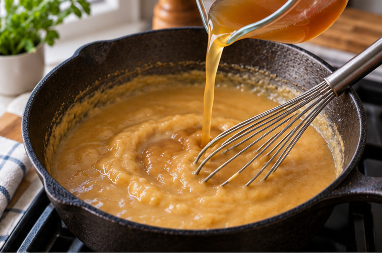 Pouring broth gradually into roux in a cast-iron skillet while whisking.