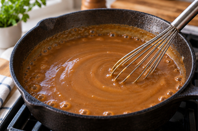 Smooth brown gravy gently simmering in a cast-iron skillet with a whisk.