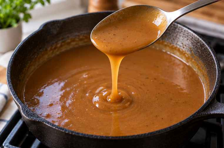 A spoon pours a smooth ribbon of finished gravy into a cast-iron skillet.