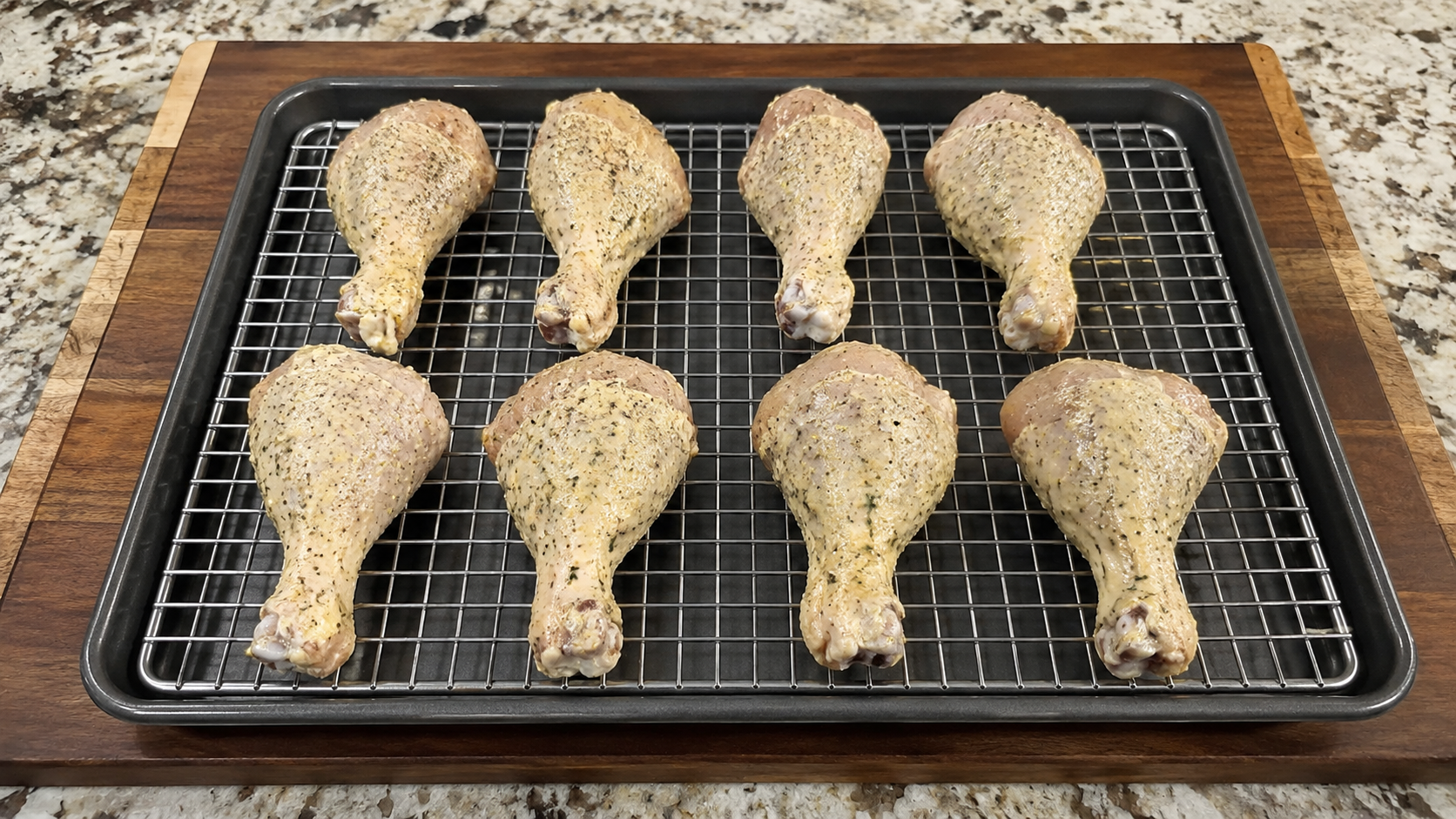 Seasoned chicken drumsticks arranged on a wire rack before baking.