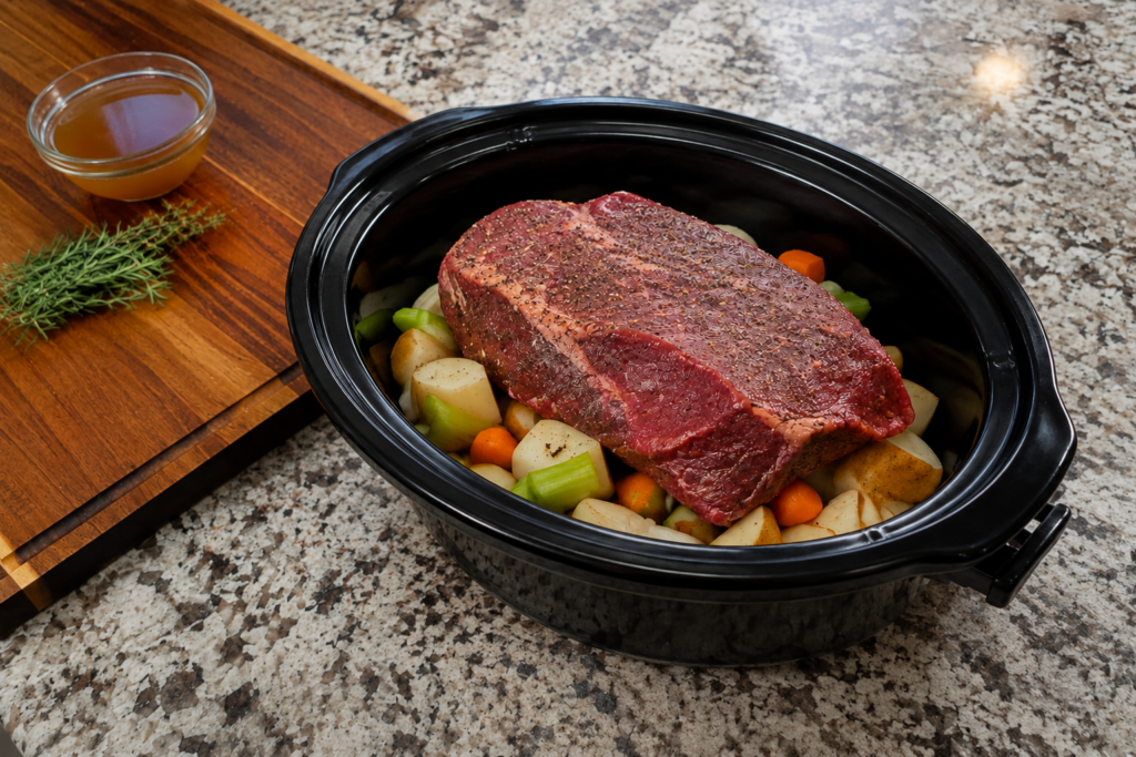 Seasoned chuck roast layered over potatoes, carrots, celery and onions in a Crockpot