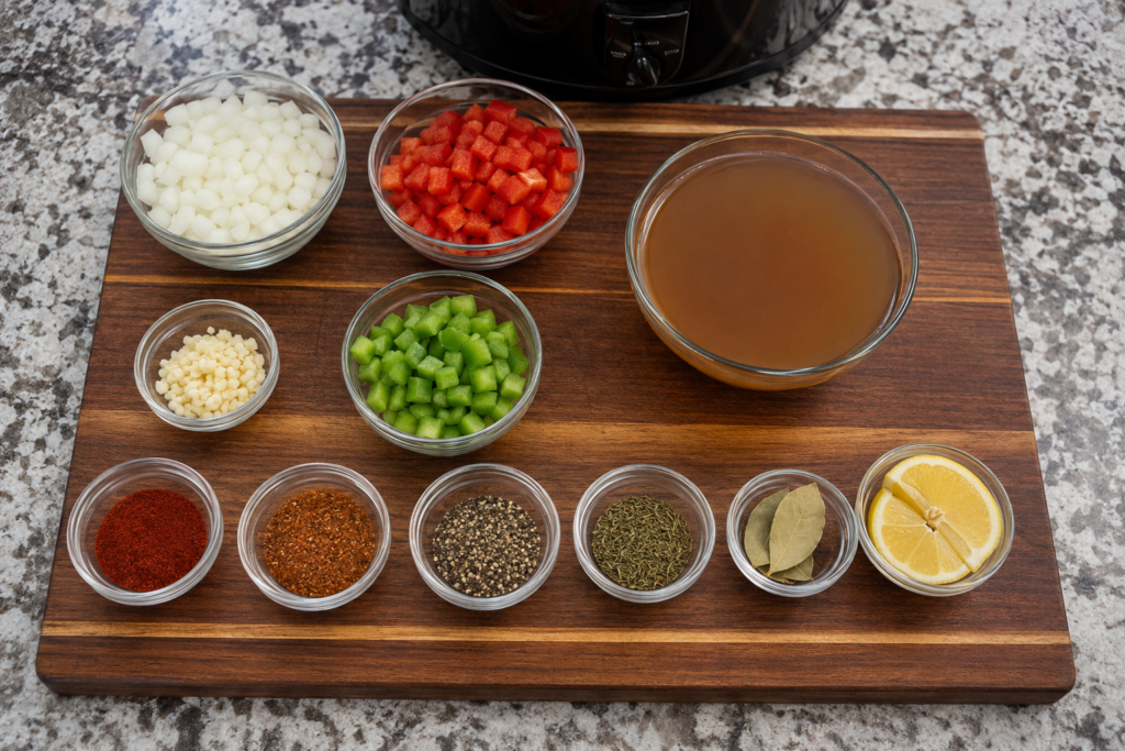 Slow cooker seasonings and aromatics arranged on a wooden cutting board