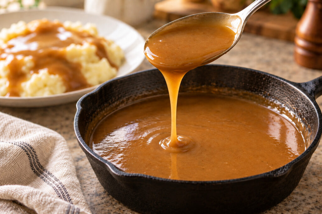 A spoon pours brown gravy into a cast iron skillet, with a plate of mashed potatoes and gravy in the background on a kitchen counter.